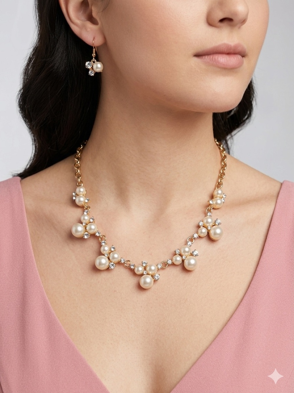 Pearl Rhinestone Jewelry Set | Gold Cluster Necklace & Earrings